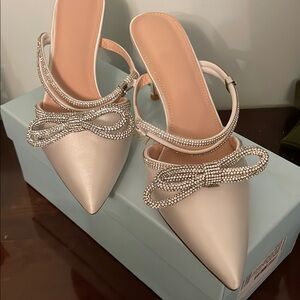 Satin Susanny Wedding Prom Close Toe Strappy Heel Ankle Strap Bow Rhinestones
